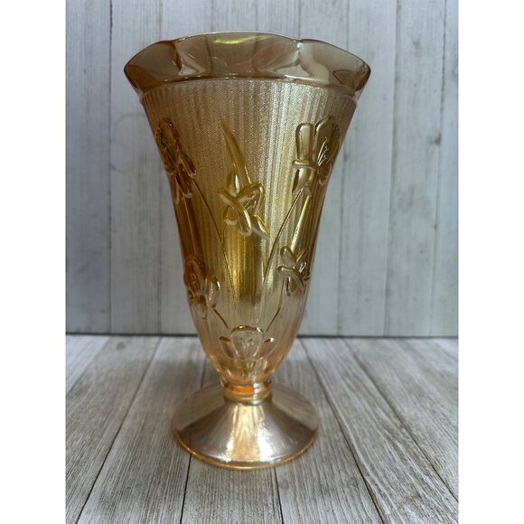 Vtg Jeannette Marigold Carnival Depression Herringbone Vase Iris Peach 9'' Tall - Picture 5 of 11